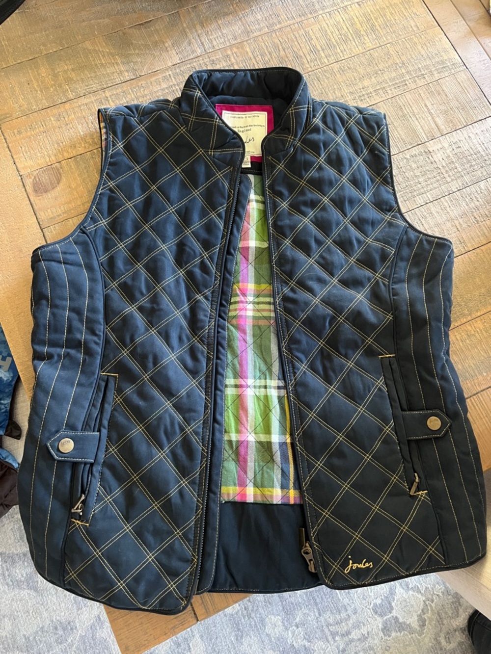 Joules Navy Quilted Vest with Plaid Lining